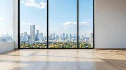 Fototapeta premium Modern apartment with skyline view, large windows, bright interior, and wooden floor