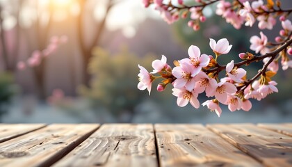 Ethereal Blossoms Wooden Surface Misty Background