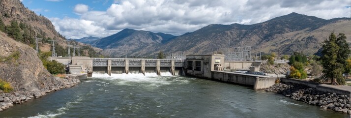 Renewable energy concept Hydroelectric dam surrounded by mountains and clouds.