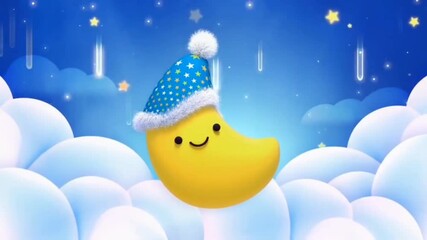 An adorable cartoon moon wearing a cozy nightcap, smiling peacefully among soft clouds and shooting stars. A perfect illustration for bedtime stories, lullabies, or nurseries.