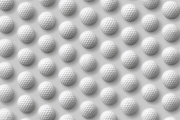 Golf balls arranged in a repeating, diagonal pattern on a light gray background