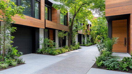 Contemporary townhouses with lush greenery and serene pathway create tranquil atmosphere