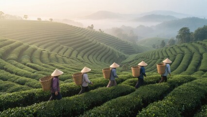 Beautiful lush green rolling tea plantations with workers harvesting tea leaves in traditional conical hats on a misty mountain morning scene