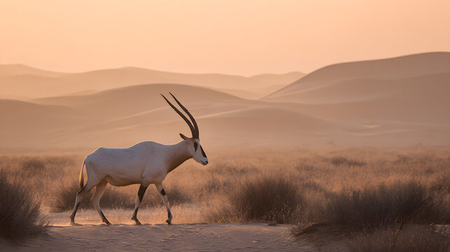 Rare animal addax (Addax nasomaculatus) gracefully traversing the arid sands of the Sahara Desert at dawn.