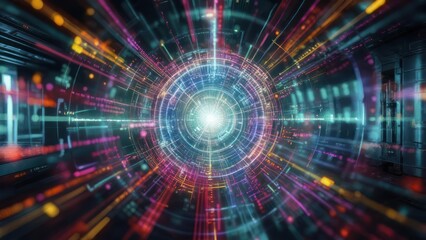 Futuristic Data Flow: Abstract Digital Tunnel with Glowing Light and Lines