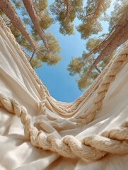 Premium Forest Retreat Hammock with Natural Fabric and Elegant Rope Details Modern Calm Lifestyle for Millennial Outdoor Marketing and Social Media