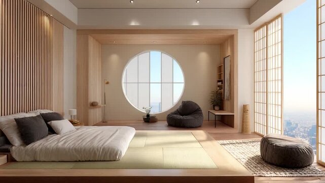Zen Bedroom Interior: A serene, minimalist bedroom embraces tranquility with light wood paneling and a circular window framing the outside light. The scene exudes a sense of peace and harmony.
