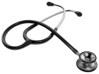 Classic black medical stethoscope with shiny chrome binaurals eartips and a dual-head chestpiece.