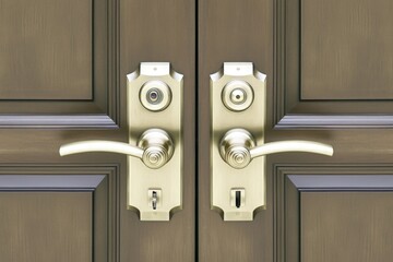 Modern Brass Door Lock and Doorknob on Brown Double Doors, Front View, Security Concept