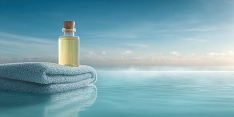 Premium Minimalist Bath Oil Bottle on Soft Towel with Serene Sky Background for Modern Home Spa Relaxation Marketing Campaigns