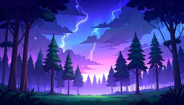 A vibrant illustration of a forest at twilight with a stormy sky.