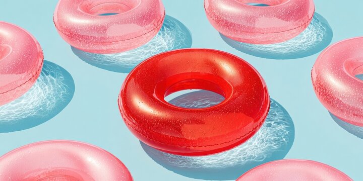 Bright Modern Summer Pool Floats with Pink and Red Inflatable Rings Premium Lifestyle Content for Youth Marketing and Social Media Campaigns