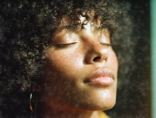 Fototapeta premium Authentic Young Woman with Natural Curly Hair Relaxing Calmly Premium Modern Lifestyle Portrait for Wellness and Mindfulness Content