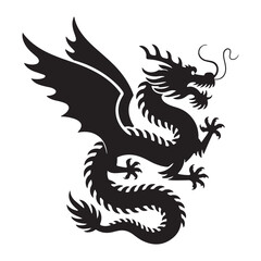 Obraz premium Powerful black silhouette of a dragon with wings spread wide