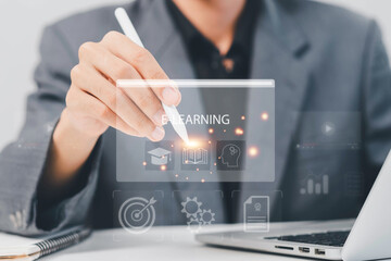 E-learning education, video tutorial, internet lessons and online course application, Businessman or learner using online lessons via laptop on digital screen.