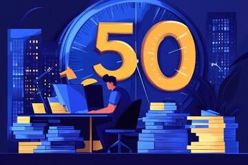 A man works late at night at his desk, surrounded by piles of documents, a large clock displaying "50" looming behind him, suggesting a deadline or 50 hours of work.  Cityscape at night