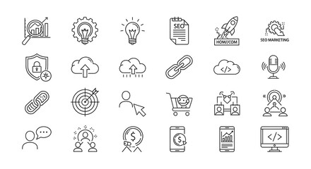 Collection of Modern Line Icons Depicting Business, Marketing, and Technology Concepts.