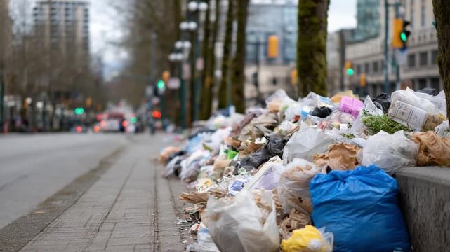Garbage Pileup: A city street scene reveals an unsightly accumulation of waste. This eye-level perspective offers a stark representation of the urban environment and the waste problem.