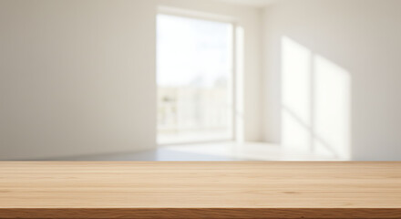 Empty wooden table in cozy room with window light, interior background for product display or mockup scene