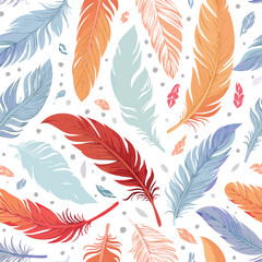 Obraz premium Seamless pattern of colorful feathers in pastel shades on white background texture