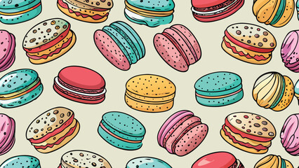Colorful macarons with black outlines on a light beige background french macaron cookie
