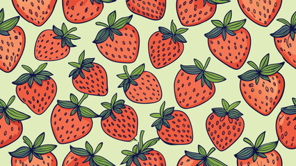 Red strawberries with green leaves pattern on light green background strawberry fruit