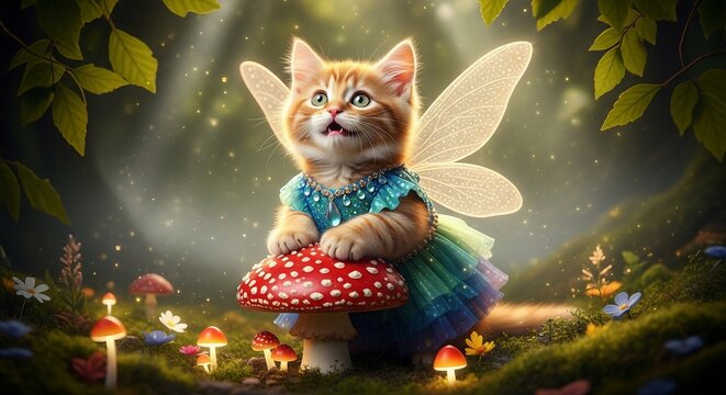 Enchanting fairy kitten rests on a red-spotted mushroom in a magical forest glade, wearing a sparkling dress and delicate wings, creating a whimsical scene perfect for fantasy-themed content.
