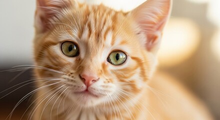 Adorable ginger kitten with striking green eyes and long white whiskers looking directly at the camera.