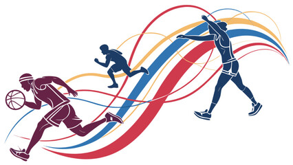 Dynamic vector illustration of athletes in various sports, showcasing running, basketball, and volleyball with abstract motion lines isolated on white background