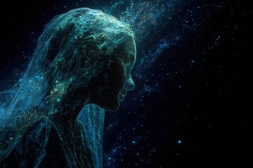 Naklejka premium High-Quality Futuristic Digital Human Female Profile in Space with Abstract Data and Light Particles for Technology and Innovation Marketing Content