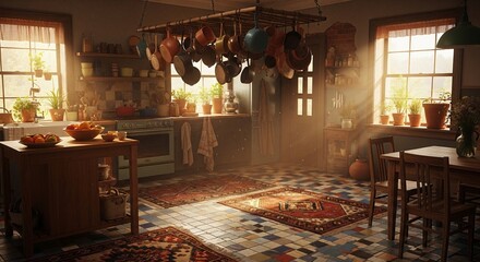 Warm, sunlit kitchen with rustic charm, featuring hanging cookware and a well-stocked counter.