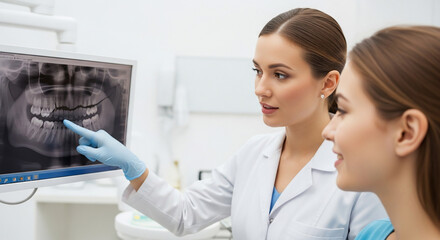 Dental Professional Explaining X-ray to Patient During Clinic Consultation