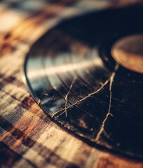 Obraz premium Vintage Cracked Vinyl Record Close-Up with Warm Lighting Authentic Retro Music Concept for Premium Lifestyle and Creative Content Marketing