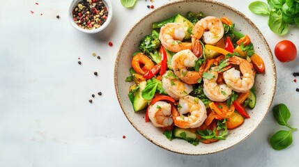 Shrimp stir fry with colorful vegetables, styled for food advertising with space for text