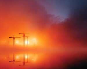 Dramatic Industrial Construction Scene at Sunrise High-Quality Modern Urban Development for Professional Business and Marketing Content