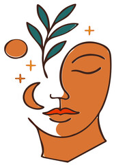 Minimal abstract tattoo design featuring a woman's face in combination of crescent moon, sun, leaves and decorative elements. Perfect for tattoo art, posters, and fashion prints.