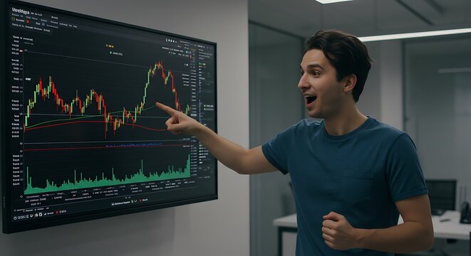 Excited young trader pointing at a rising stock market chart on a large monitor.