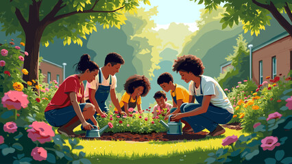 Joyful diverse family and friends gardening together, planting flowers in a vibrant community garden. Nurturing nature and growth.
