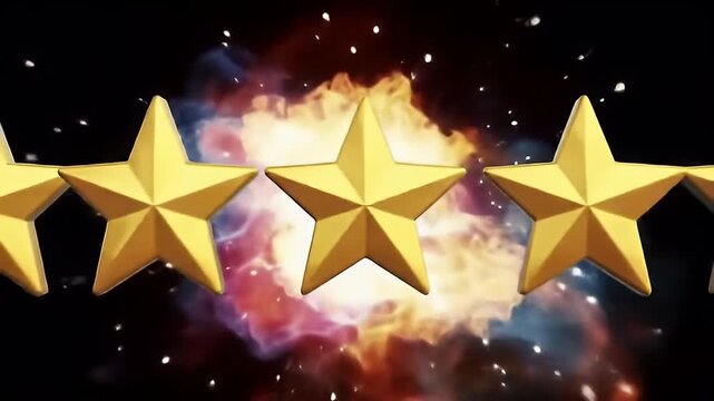 Golden Five Point Stars Aligned Across A Fiery Cosmic Background With Orange Sparks Nebula Glow And Space Dust