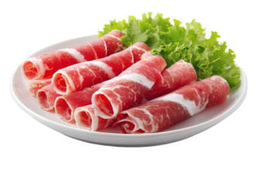 Freshly sliced beef rolls served on a white plate with fresh green lettuce, ideal for hot pot or barbecue.