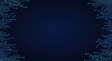 Abstract digital circuit board border on dark blue background.