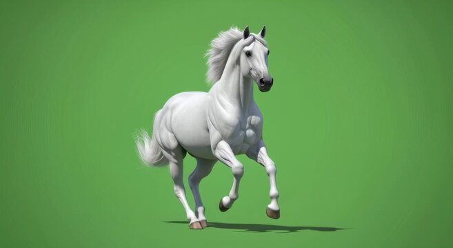 Majestic White Horse Galloping on Solid Green Background &ndash; Cinematic 3D Animation for Chroma Key Use