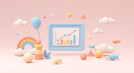 Pastel-colored 3D render featuring a graph inside a frame, surrounded by clouds, balloons, rainbow, and geometric shapes on a soft pink background.