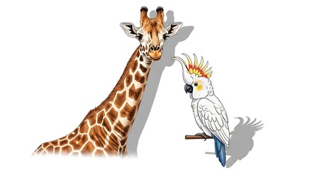 Fototapeta premium Illustrated Giraffe and Cockatoo: A Whimsical Wildlife Duo on White Background