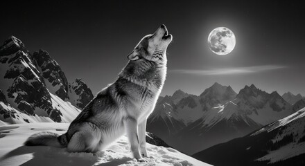 A majestic wolf sits on a snowy mountain peak, howling at the bright full moon in a dramatic black and white landscape.
