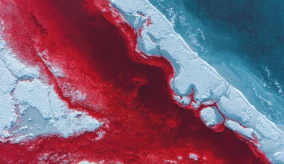 Aerial view of red algae bloom coastal shoreline, ocean background, environmental impact, scientific study