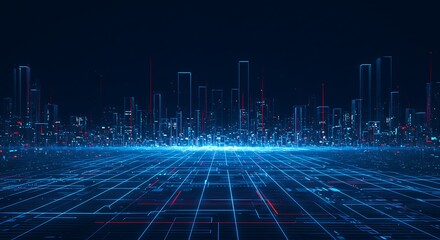 Futuristic virtual city skyline glowing with blue and red lights over a digital grid floor.