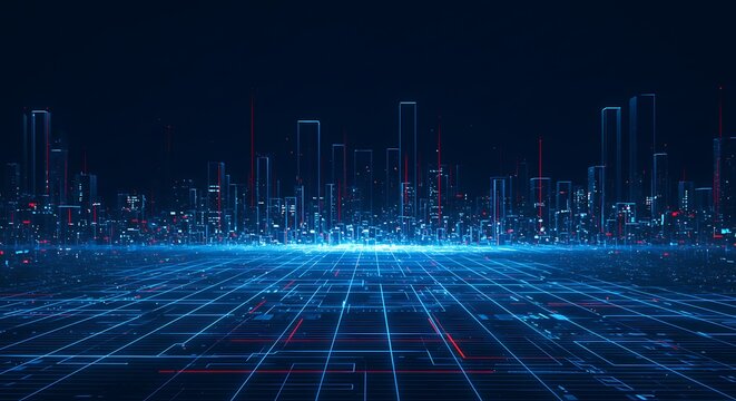Futuristic virtual city skyline glowing with blue and red lights over a digital grid floor.