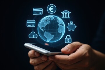 Mobile fintech ecosystem with euro, credit cards, bank and cloud icons in glowing hologram