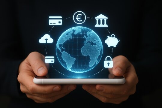 Mobile fintech ecosystem with euro, credit cards, bank and cloud icons in glowing hologram